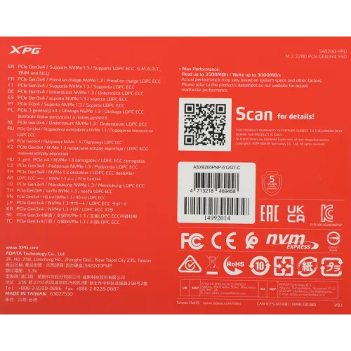 Накопитель SSD A-Data PCIe 3.0 x4 512GB ASX8200PNP-512GT-C XPG SX8200 Pro M.2 2280