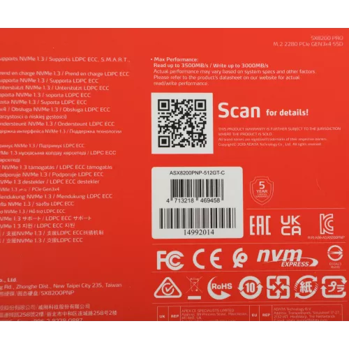 Накопитель SSD A-Data PCIe 3.0 x4 512GB ASX8200PNP-512GT-C XPG SX8200 Pro M.2 2280