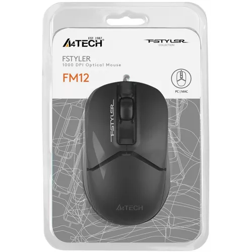 Мышь A4Tech Fstyler FM12S черный оптическая 1200dpi silent USB 3but (FM12S BLACK)
