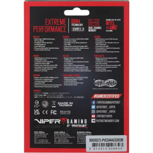 Память DDR4 2x32Gb 3200MHz Patriot PVE2464G320C8K Viper Elite II RTL Gaming PC4-25600 CL18 DIMM 288-pin 1.35В kit с радиатором Ret