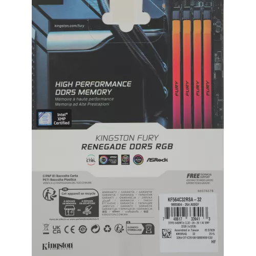 Память DDR5 32GB 6400MHz Kingston KF564C32RSA-32 Fury Renegade XMP RGB RTL Gaming PC5-51200 CL32 DIMM 288-pin 1.4В quad rank с радиатором Ret