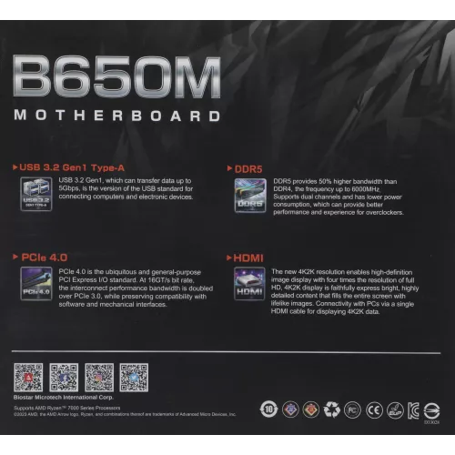 Материнская плата Biostar B650MS2-E Socket AM5 AMD B650 2xDDR5 mATX AC`97 8ch(7.1) 2.5Gg RAID+HDMI+DP