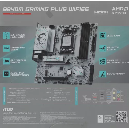 Материнская плата MSI B840M GAMING PLUS WIFI6E Socket AM5 AMD B840 4xDDR5 mATX AC`97 8ch(7.1) 2.5Gg RAID+HDMI