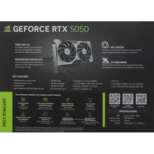 Видеокарта MSI PCI-E 5.0 RTX 5050 8G VENTUS 2X OC NVIDIA GeForce RTX 5050 8Gb 128bit GDDR6 2602/20000 HDMIx1 DPx3 HDCP Ret