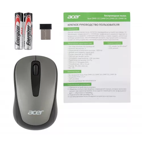 Мышь Acer OMR134 серый оптическая 1000dpi беспров. USB для ноутбука 3but (ZL.MCEEE.01H)