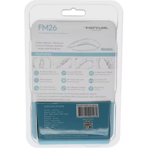Мышь A4Tech Fstyler FM26 серебристый/белый оптическая 1600dpi USB для ноутбука 4but (FM26 USB (ICY WHITE))