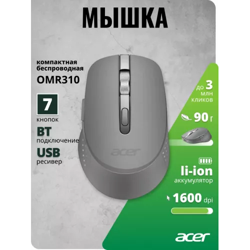 Мышь Acer OMR310 темно-серый оптическая 1600dpi беспров. BT/Radio USB 7but (ZL.MCECC.032)