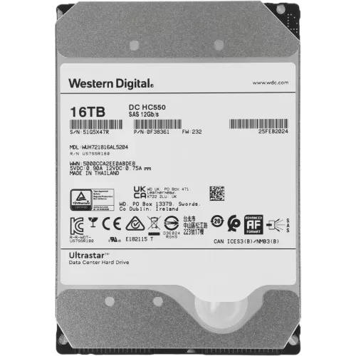 Жесткий диск WD SAS 3.0 16TB 0F38361 WUH721816AL5204 Server Ultrastar DC HC550 4KN (7200rpm) 512Mb 3.5"