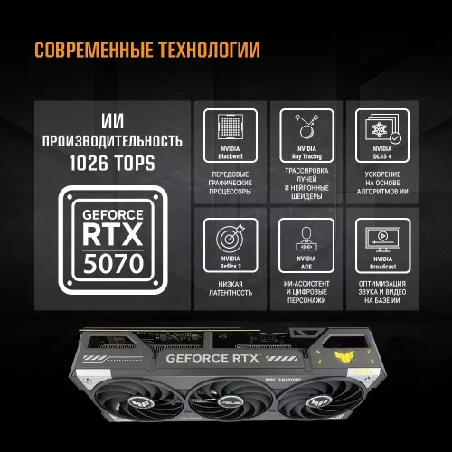 Видеокарта Asus PCI-E 5.0 TUF-RTX5070-O12G-GAMING NVIDIA GeForce RTX 5070 12Gb 192bit GDDR7 2610/28000 HDMIx2 DPx3 HDCP Ret