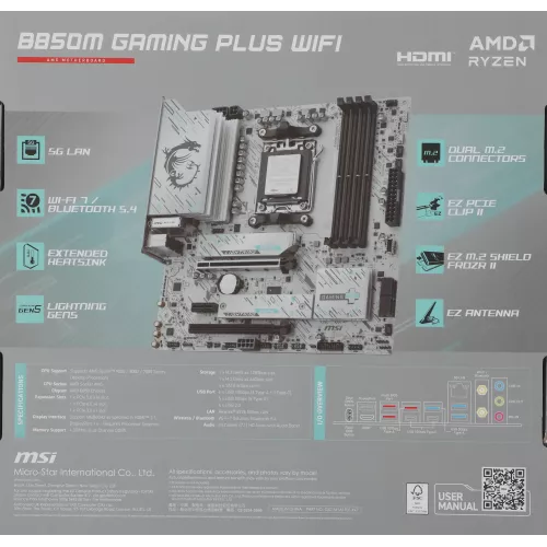 Материнская плата MSI B850M GAMING PLUS WIFI Socket AM5 AMD B850 4xDDR5 mATX AC`97 8ch(7.1) 5Gigabit RAID+HDMI+DP