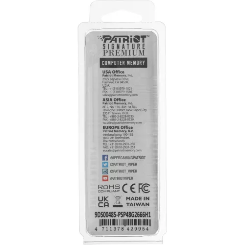 Память DDR4 8GB 2666MHz Patriot PSP48G2666H1 Signature Premium RTL PC4-21300 CL19 DIMM 288-pin 1.2В single rank с радиатором Ret