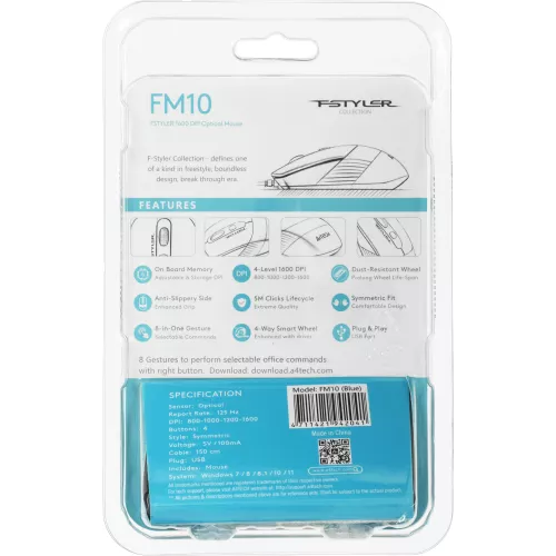 Мышь A4Tech Fstyler FM10 черный/синий оптическая 1600dpi USB 4but (FM10 BLUE)