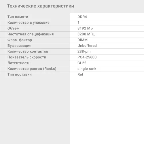 Память DDR4 8Gb 3200MHz Digma DGMAD43200008S RTL PC4-25600 CL22 DIMM 288-pin 1.2В single rank Ret