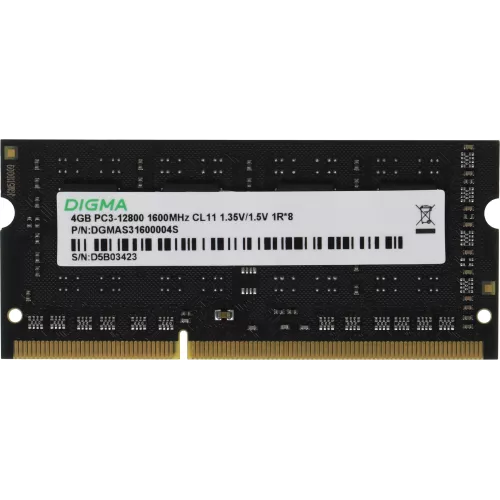 Память DDR3 4GB 1600MHz Digma DGMAS31600004S RTL PC3-12800 CL11 SO-DIMM 204-pin 1.35В single rank Ret