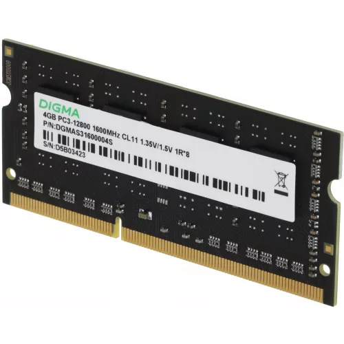 Память DDR3 4GB 1600MHz Digma DGMAS31600004S RTL PC3-12800 CL11 SO-DIMM 204-pin 1.35В single rank Ret