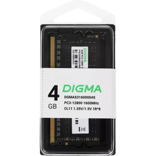 Память DDR3 4GB 1600MHz Digma DGMAS31600004S RTL PC3-12800 CL11 SO-DIMM 204-pin 1.35В single rank Ret