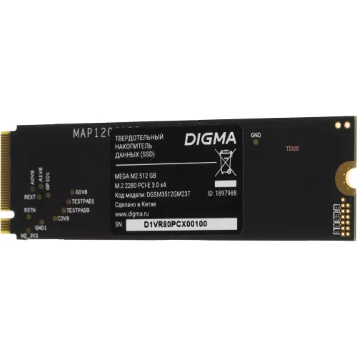 Накопитель SSD Digma PCIe 3.0 x4 512GB DGSM3512GM23T Mega M2 M.2 2280
