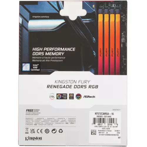 Память DDR5 16GB 7200MHz Kingston KF572C38RSA-16 Fury Renegade Black RGB RTL Gaming PC5-57600 CL38 DIMM 288-pin 1.45В single rank с радиатором Ret