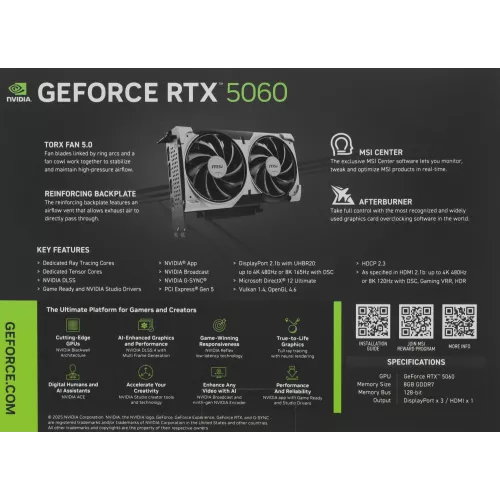 Видеокарта MSI PCI-E 5.0 RTX 5060 8G VENTUS 2X OC NVIDIA GeForce RTX 5060 8Gb 128bit GDDR7 2527/28000 HDMIx1 DPx3 HDCP Ret