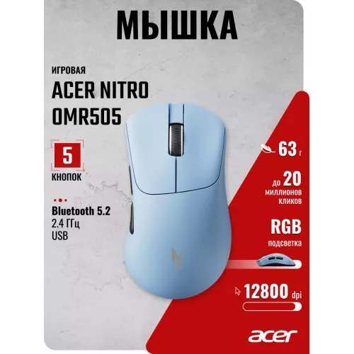 Мышь Acer Nitro OMR505 голубой оптическая 12800dpi беспров. BT/Radio USB 5but (ZL.MCE11.01F)