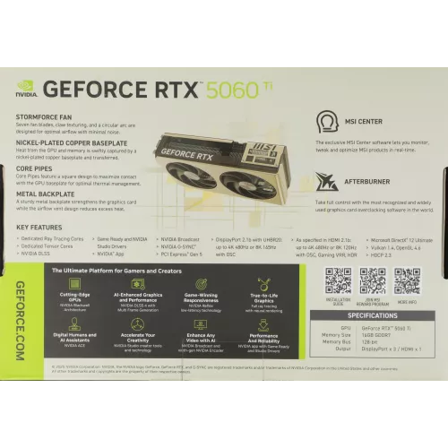 Видеокарта MSI PCI-E 5.0 RTX 5060 TI 16G INSPIRE 2X NVIDIA GeForce RTX 5060TI 16Gb 128bit GDDR7 2572/28000 HDMIx1 DPx3 HDCP Ret