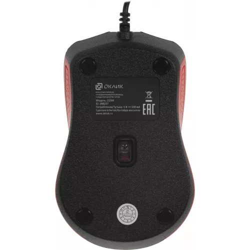 Мышь Оклик 225M черный/красный оптическая 1200dpi USB для ноутбука 3but (288237)
