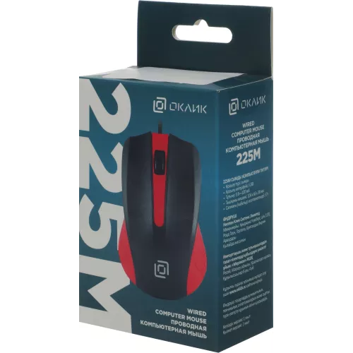 Мышь Оклик 225M черный/красный оптическая 1200dpi USB для ноутбука 3but (288237)
