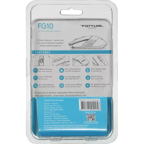 Мышь A4Tech Fstyler FG10 черный/оранжевый оптическая 2000dpi беспров. USB 4but (FG10 ORANGE)