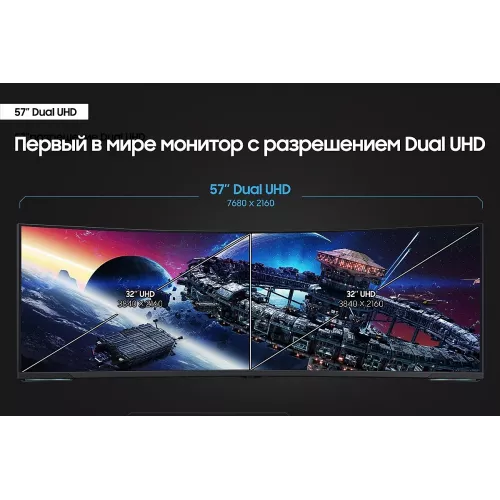 Монитор Samsung 57" Odyssey Neo G9 S57CG952NI черный VA LED 32:9 HDMI полуматовая HAS Piv 2500:1 420cd 178гр/178гр 7680x2160 240Hz FreeSync Premium Pro DP Dual UHD USB 19кг