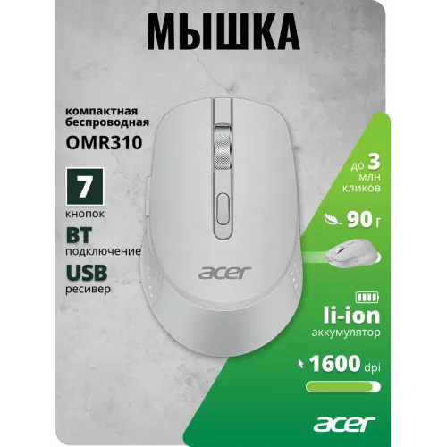 Мышь Acer OMR310 светло-серый оптическая 1600dpi беспров. BT/Radio USB 7but (ZL.MCECC.033)
