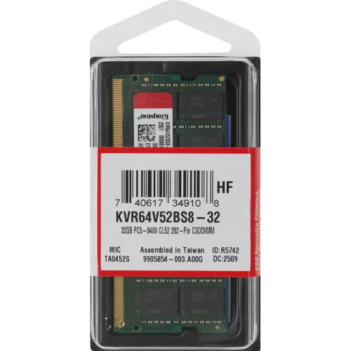 Память DDR5 32GB 6400MHz Kingston KVR64V52BS8-32 Valueram RTL PC5-51200 CL52 SO-DIMM 262-pin 1.1В single rank Ret