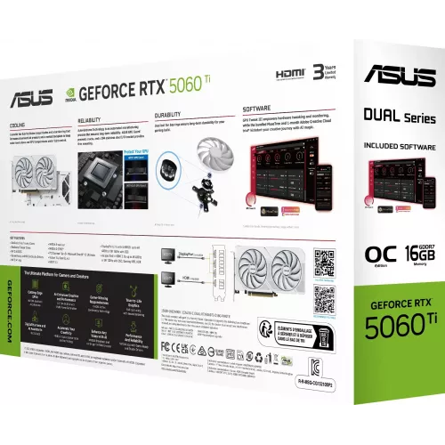 Видеокарта Asus PCI-E 5.0 DUAL-RTX5060TI-O16G-WHITE NVIDIA GeForce RTX 5060TI 16Gb 128bit GDDR7 2602/28000 HDMIx1 DPx3 HDCP Ret