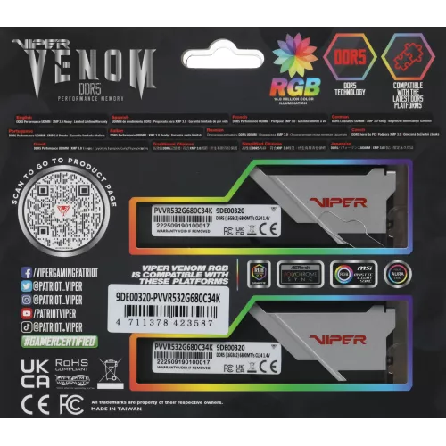 Память DDR5 2x16Gb 6800MHz Patriot PVVR532G680C34K Viper Venom RGB RTL Gaming PC5-54400 CL34 DIMM 288-pin 1.4В kit с радиатором Ret