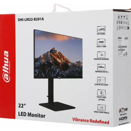 Монитор Dahua 21.5" DHI-LM22-B201A черный IPS LED 4ms 16:9 HDMI матовая HAS Piv 1000:1 250cd 178гр/178гр 1920x1080 100Hz VGA DP FHD 2.96кг