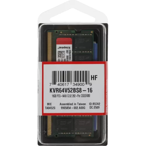 Память DDR5 16GB 6400MHz Kingston KVR64V52BS8-16 Valueram RTL PC5-51200 CL52 SO-DIMM 262-pin 1.1В single rank Ret