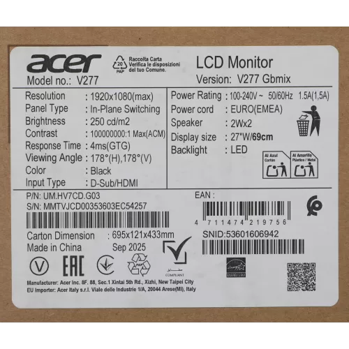 Монитор Acer 27" Vero V277Gbmix черный IPS LED 4ms 16:9 HDMI M/M матовая 250cd 178гр/178гр 1920x1080 120Hz FreeSync VGA FHD 3.64кг