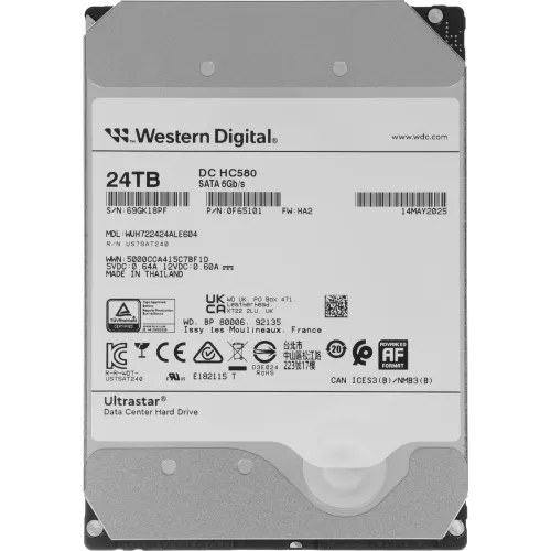 Жесткий диск WD SATA-III 24TB 0F65101/0F62821/0F62819 WUH722424ALE604 Server Ultrastar DC HC580 (7200rpm) 512Mb 3.5"