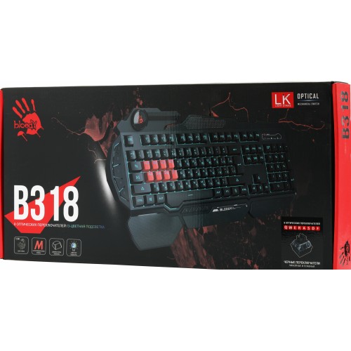 Клавиатура A4Tech B318 черный USB Multimedia for gamer LED (подставка для запястий) кабель 1.8м