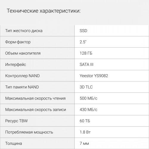 Накопитель SSD Digma SATA-III 128GB DGSR2128GY23T Run Y2 2.5"
