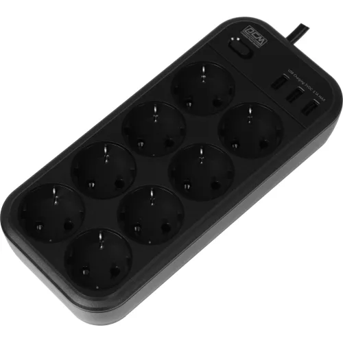 Сетевой фильтр Powercom SP-08 USB03AB 1.8м 1.8м (8 розеток) черный (коробка)