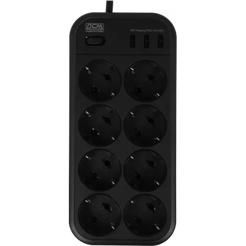 Сетевой фильтр Powercom SP-08 USB03AB 1.8м 1.8м (8 розеток) черный (коробка)
