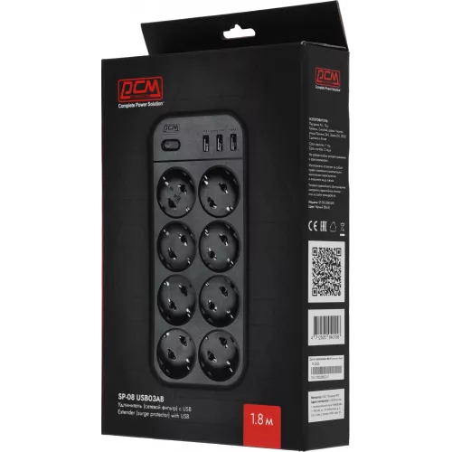 Сетевой фильтр Powercom SP-08 USB03AB 1.8м 1.8м (8 розеток) черный (коробка)