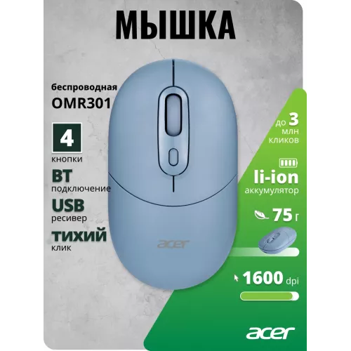 Мышь Acer OMR301 синий оптическая 1600dpi беспров. BT/Radio USB 4but (ZL.MCECC.01S)