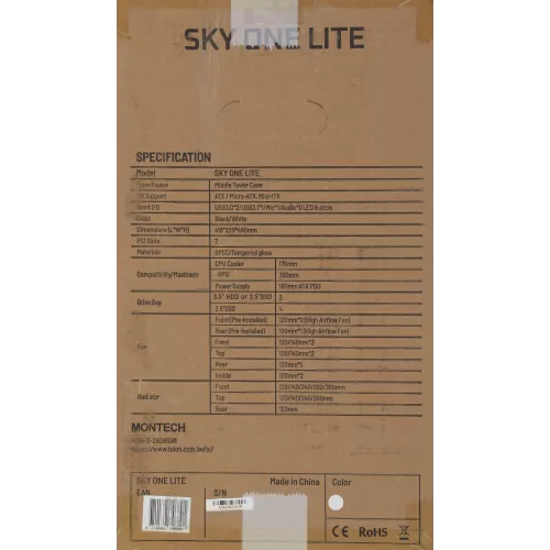 Корпус Montech Sky One Lite белый без БП ATX 5x120mm 5x140mm 2xUSB3.0 audio bott PSU