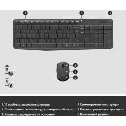 Клавиатура + мышь Logitech MK235 клав:серый мышь:серый/черный USB беспроводная Multimedia (920-007949)