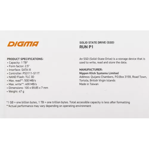 Накопитель SSD Digma SATA-III 1TB DGSR2001TP13T Run P1 2.5"