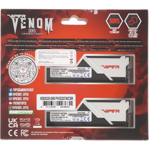 Память DDR5 2x16Gb 7400MHz Patriot PVV532G740C36K Viper Venom RTL Gaming PC5-59200 CL36 DIMM 288-pin 1.5В kit с радиатором Ret