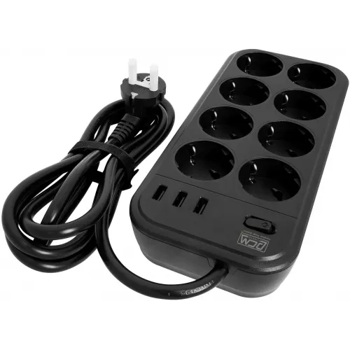 Сетевой фильтр Powercom SP-08 USB03AB 3,0М 3м (8 розеток) черный (коробка)