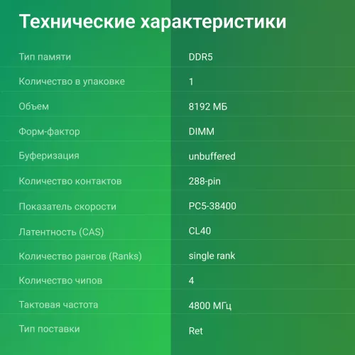 Память DDR5 8Gb 4800MHz Digma DGMAD5480008S RTL PC5-38400 CL40 DIMM 288-pin 1.1В single rank Ret