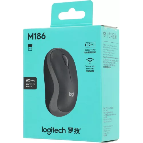 Мышь Logitech M186 черный/серый оптическая 1000dpi беспров. USB для ноутбука 2but (910-004131)